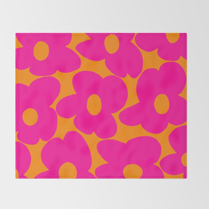 Large Retro Flowers Raspberry Red Petals Orange Background #decor #society6 #buyart  Throw Blanket Gallery Image 2