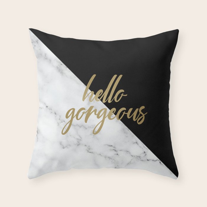Hello Gorgeous, Meme, Marble and Black Throw Pillow Gallery Image 1