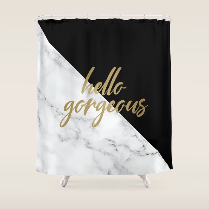 Hello Gorgeous, Meme, Marble and Black Shower Curtain Gallery Image 1