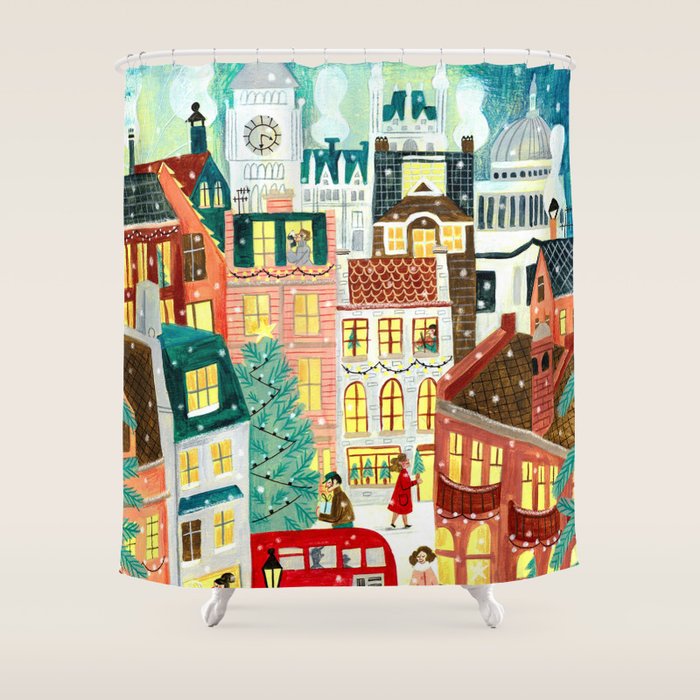 London city lights in the snow Shower Curtain Gallery Image 1