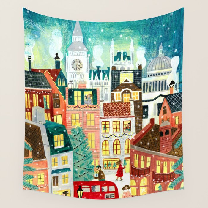 London city lights in the snow Wall Tapestry Gallery Image 1