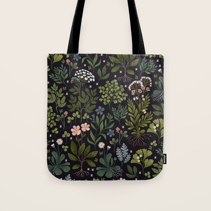 Herbarium ~ vintage inspired botanical art print ~ black Tote Bag Gallery Image 1