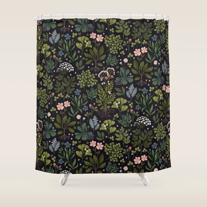 Herbarium ~ vintage inspired botanical art print ~ black Shower Curtain Gallery Image 1