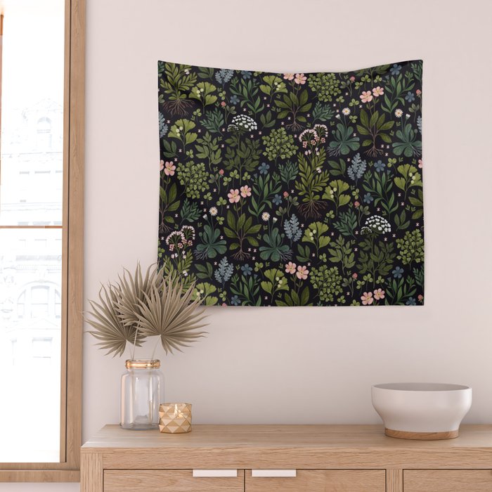 Herbarium ~ vintage inspired botanical art print ~ black Wall Tapestry Gallery Image 2