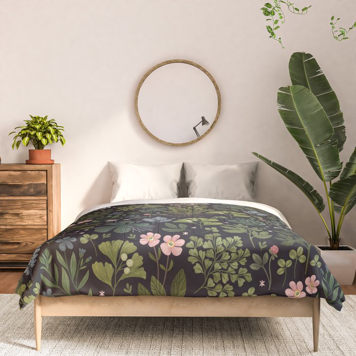 Herbarium ~ vintage inspired botanical art print ~ black Comforter Gallery Image 3