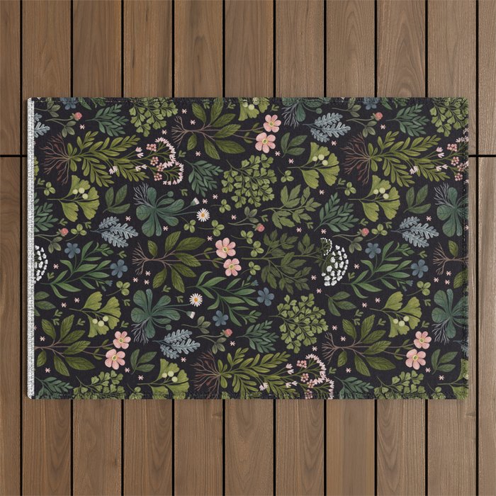 Herbarium ~ vintage inspired botanical art print ~ black Outdoor Rug Gallery Image 1