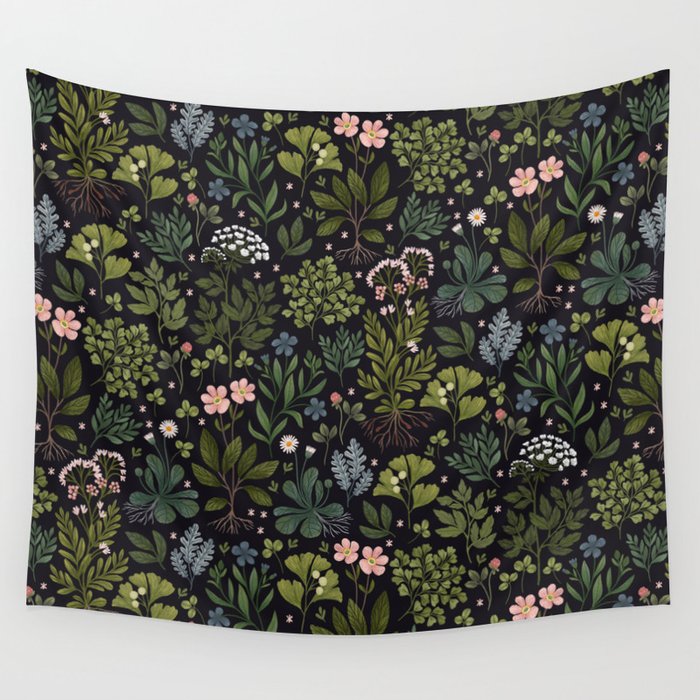 Herbarium ~ vintage inspired botanical art print ~ black Wall Tapestry Gallery Image 1