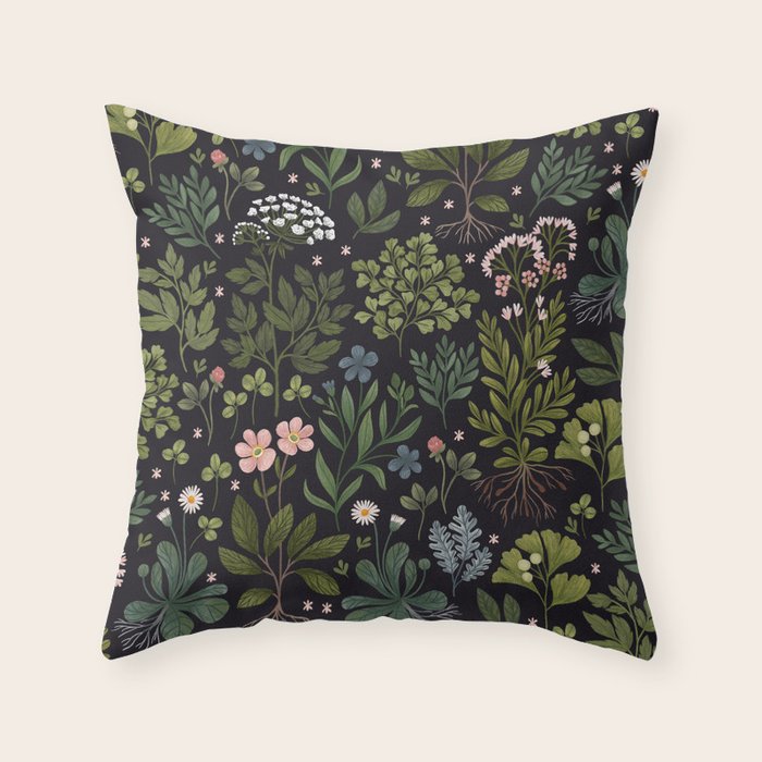 Herbarium ~ vintage inspired botanical art print ~ black Throw Pillow Gallery Image 1