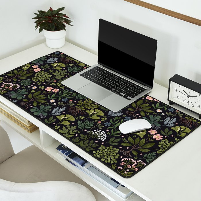 Herbarium ~ vintage inspired botanical art print ~ black Desk Mat Gallery Image 2