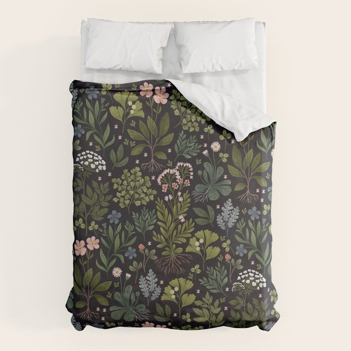 Herbarium ~ vintage inspired botanical art print ~ black Duvet Cover Gallery Image 1