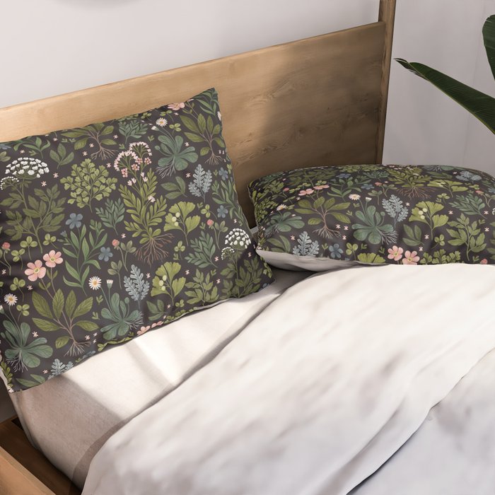 Herbarium ~ vintage inspired botanical art print ~ black Pillow Sham Gallery Image 2