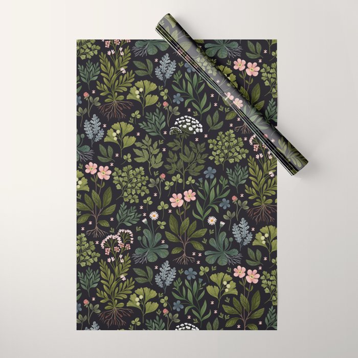 Herbarium ~ vintage inspired botanical art print ~ black Wrapping Paper Gallery Image 1
