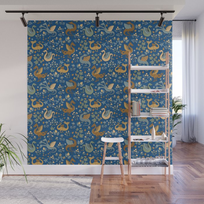 Dragons and Flowers on Classic Blue Wall Mural Gallery Image 1