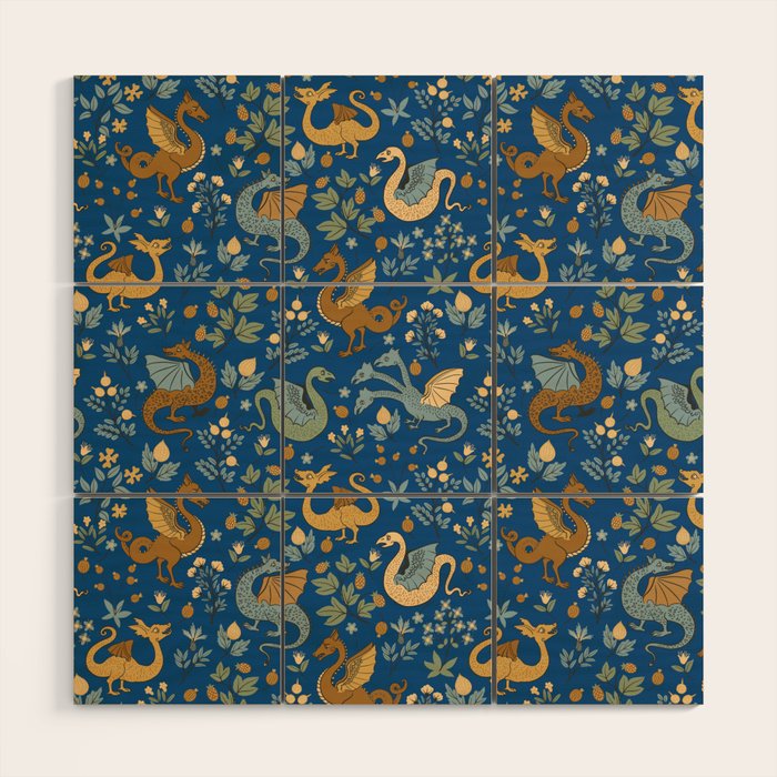 Dragons and Flowers on Classic Blue Wood Wall Art Gallery Image 1