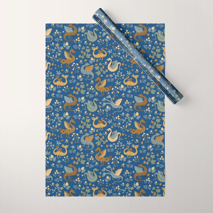Dragons and Flowers on Classic Blue Wrapping Paper Gallery Image 1
