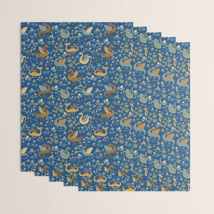 Dragons and Flowers on Classic Blue Wrapping Paper Gallery Image 3
