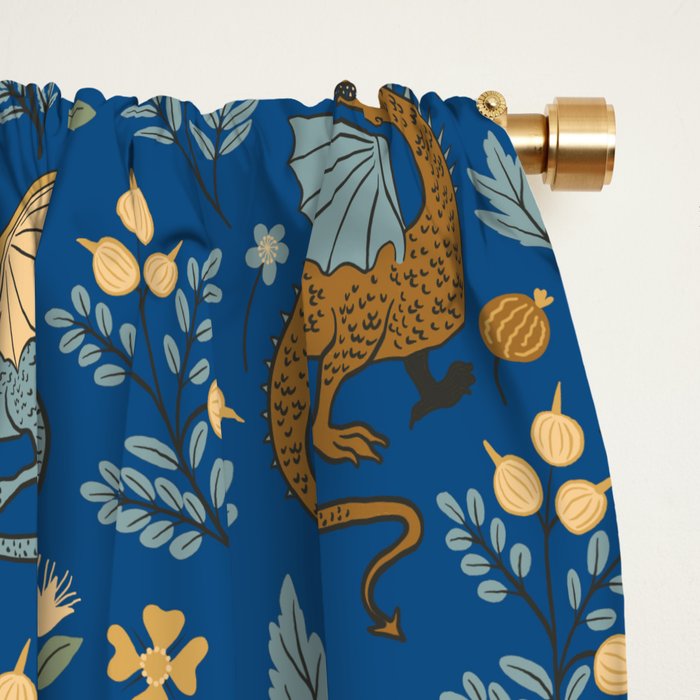 Dragons and Flowers on Classic Blue Window Curtain Gallery Image 2