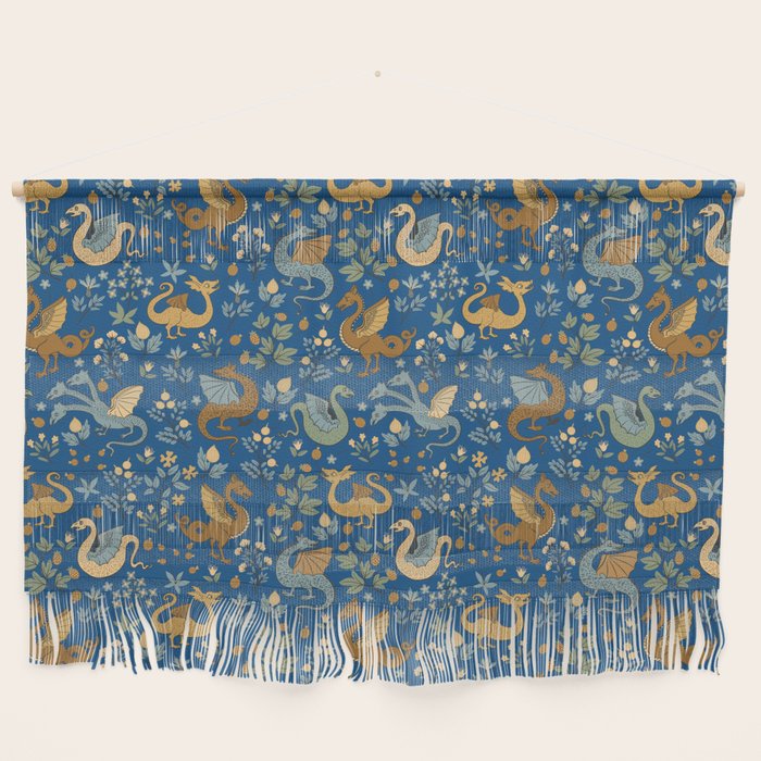 Dragons and Flowers on Classic Blue Wall Hanging Gallery Image 1
