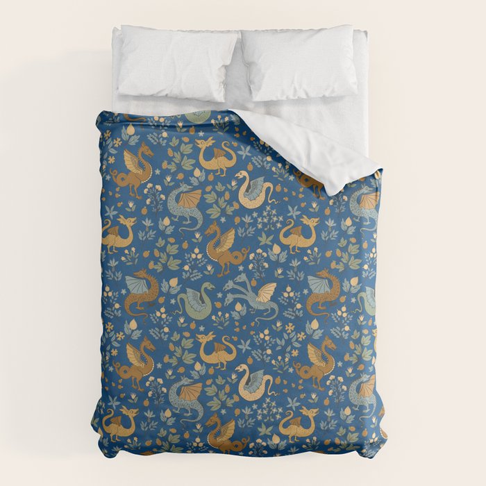 Dragons and Flowers on Classic Blue Duvet Cover Gallery Image 6
