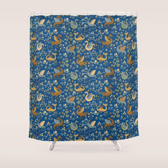 Dragons and Flowers on Classic Blue Shower Curtain Gallery Image 1