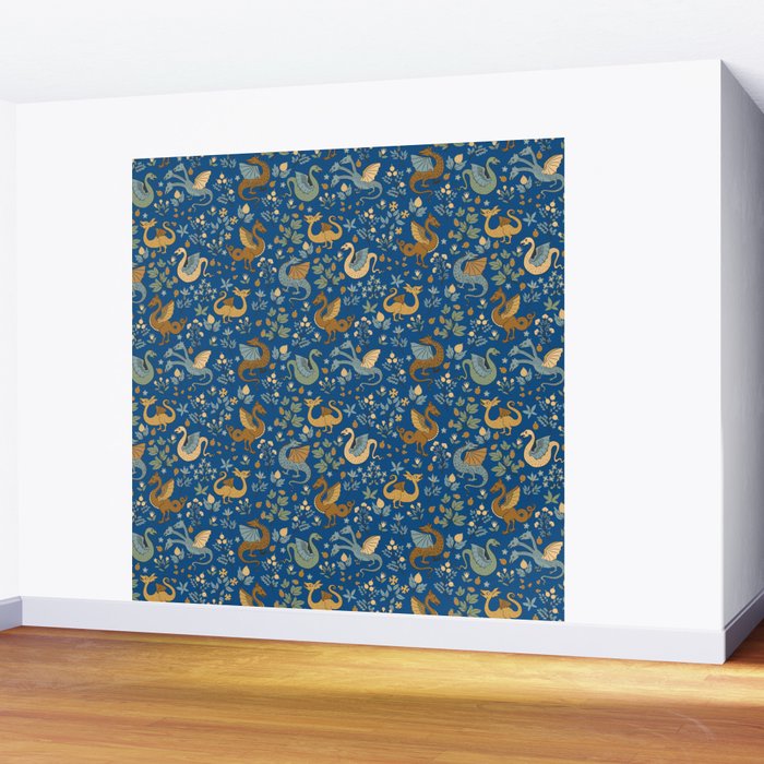 Dragons and Flowers on Classic Blue Wall Mural Gallery Image 2
