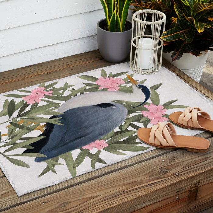 Gray heron and oleander plant - Outdoor Rug Gallery Image 2