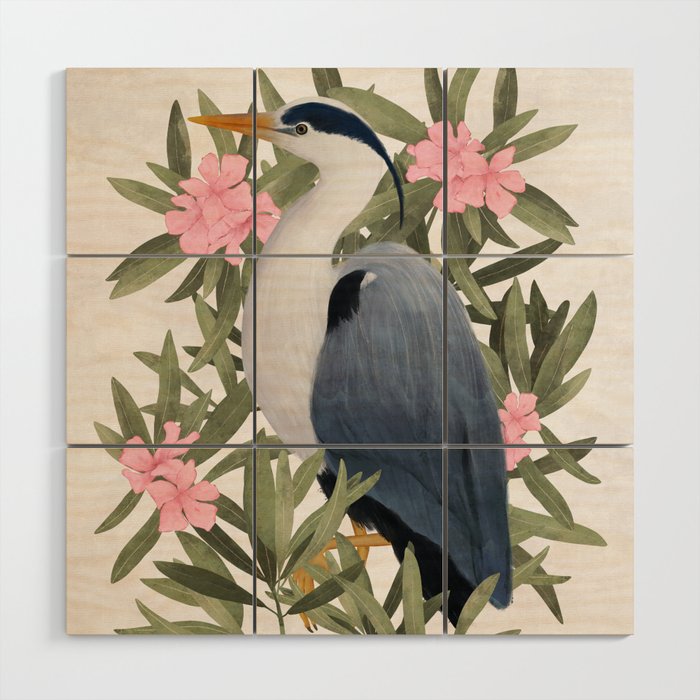 Gray heron and oleander plant - Wood Wall Art Gallery Image 1