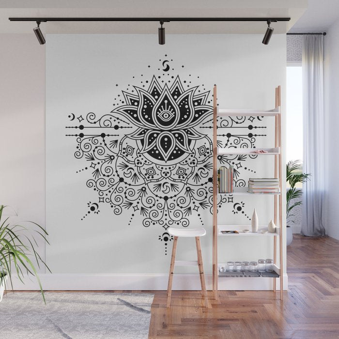 Lotus Blossom Mandala - Black Palette Wall Mural Gallery Image 1