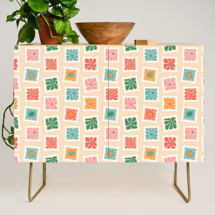 Vintage flower postage stamp pattern Credenza Gallery Image 1