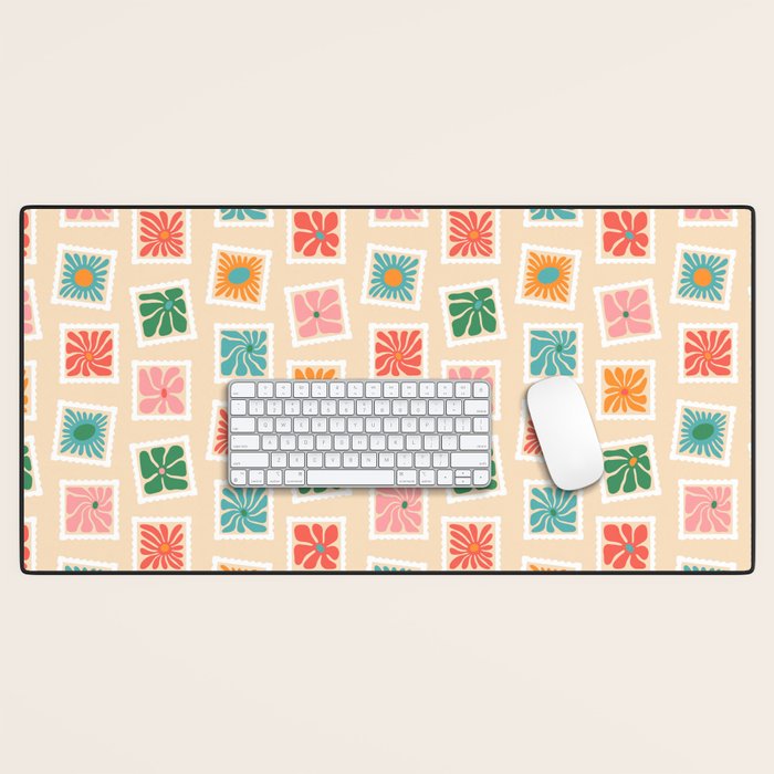 Vintage flower postage stamp pattern Desk Mat Gallery Image 1