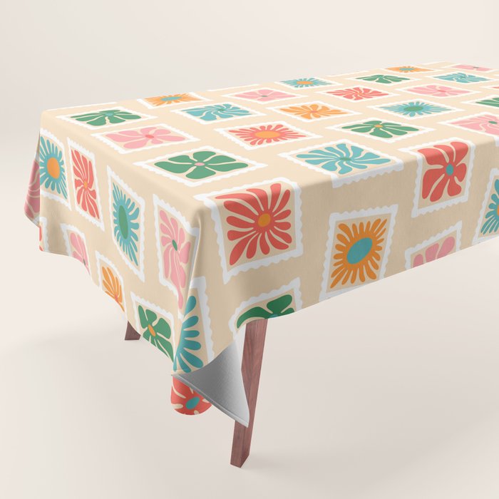 Vintage flower postage stamp pattern Tablecloth Gallery Image 1