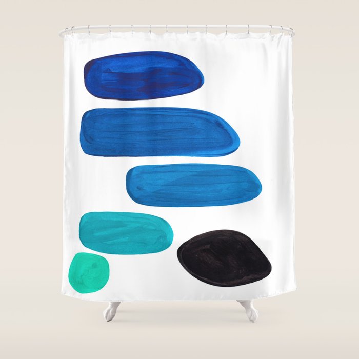Colorful Mid Century Modern Pop Art Minimalist Style Teal Blue Aquamarine Bubbles White Background Shower Curtain Gallery Image 1