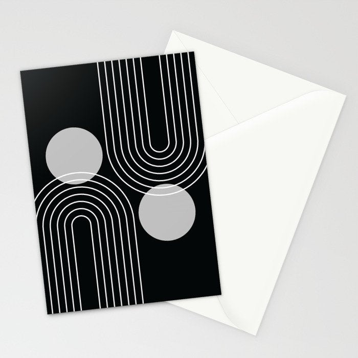 Mid Century Modern Geometric 109 in Black and White (Rainbow and Sun Abstraction) Stationery Card Gallery Image 2