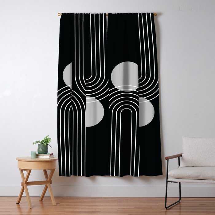 Mid Century Modern Geometric 109 in Black and White (Rainbow and Sun Abstraction) Window Curtain Gallery Image 1