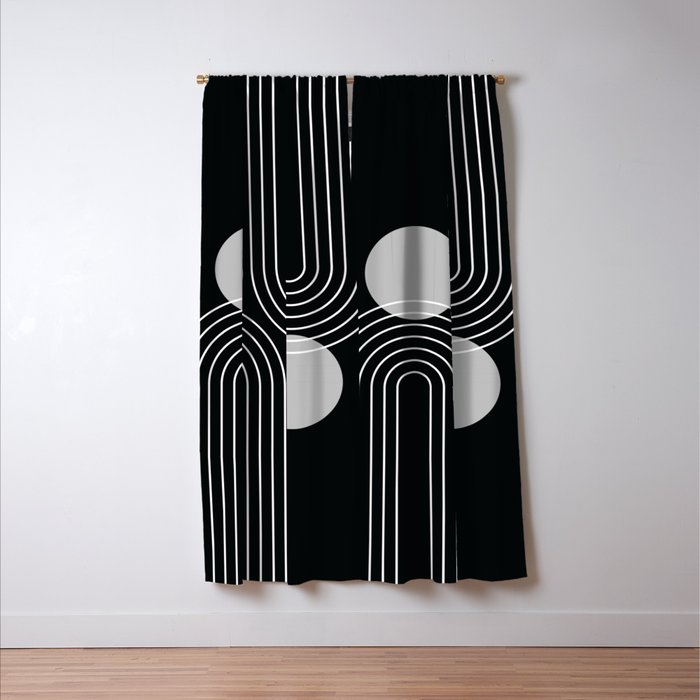 Mid Century Modern Geometric 109 in Black and White (Rainbow and Sun Abstraction) Window Curtain Gallery Image 3