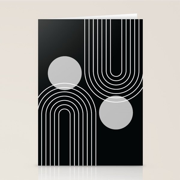 Mid Century Modern Geometric 109 in Black and White (Rainbow and Sun Abstraction) Stationery Card Gallery Image 1