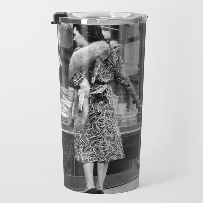 Woman with Cheetah, Phyllis Gordon, with her pet Kenyan cheetah, Paris, France black and white photo Travel Mug Gallery Image 3