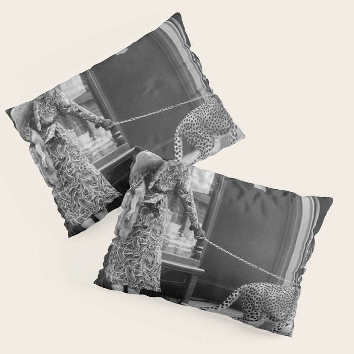 Woman with Cheetah, Phyllis Gordon, with her pet Kenyan cheetah, Paris, France black and white photo Pillow Sham Gallery Image 3