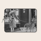 Woman with Cheetah, Phyllis Gordon, with her pet Kenyan cheetah, Paris, France black and white photo Laptop Sleeve Gallery Image 1