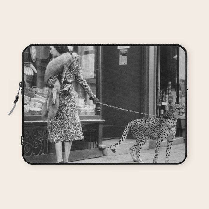 Woman with Cheetah, Phyllis Gordon, with her pet Kenyan cheetah, Paris, France black and white photo Laptop Sleeve Gallery Image 1
