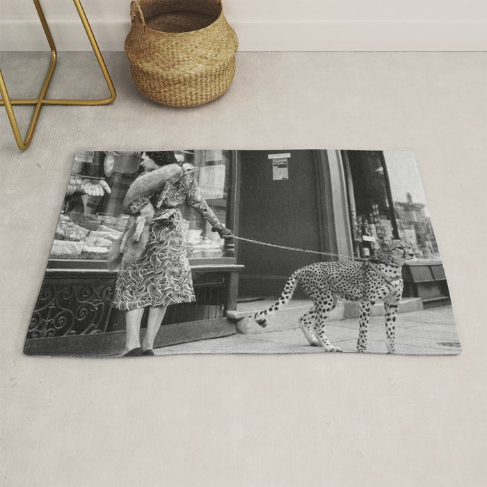 Woman with Cheetah, Phyllis Gordon, with her pet Kenyan cheetah, Paris, France black and white photo Rug Gallery Image 1