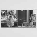 Woman with Cheetah, Phyllis Gordon, with her pet Kenyan cheetah, Paris, France black and white photo Desk Mat Gallery Image 3