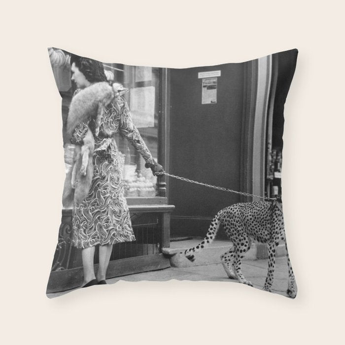 Woman with Cheetah, Phyllis Gordon, with her pet Kenyan cheetah, Paris, France black and white photo Throw Pillow Gallery Image 6