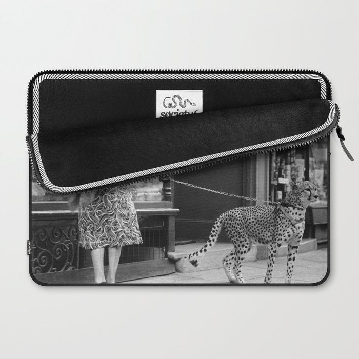 Woman with Cheetah, Phyllis Gordon, with her pet Kenyan cheetah, Paris, France black and white photo Laptop Sleeve Gallery Image 2