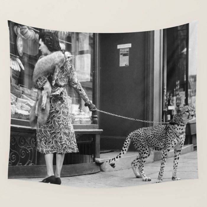 Woman with Cheetah, Phyllis Gordon, with her pet Kenyan cheetah, Paris, France black and white photo Wall Tapestry Gallery Image 1