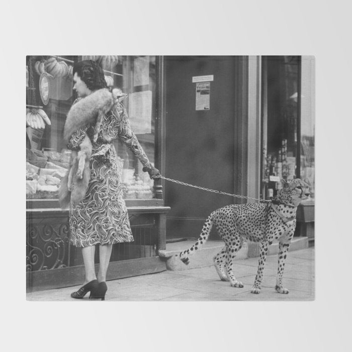 Woman with Cheetah, Phyllis Gordon, with her pet Kenyan cheetah, Paris, France black and white photo Throw Blanket Gallery Image 2