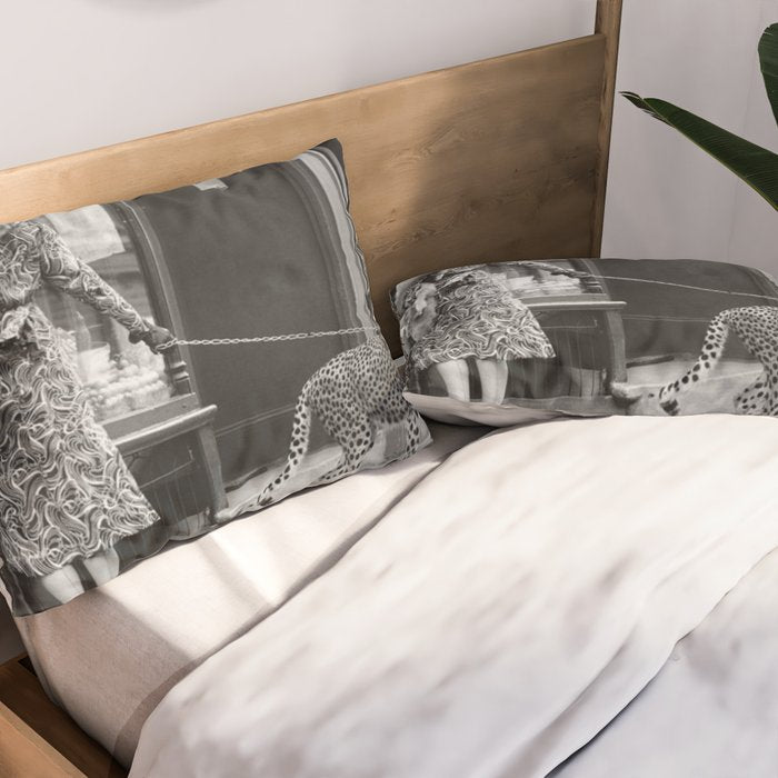 Woman with Cheetah, Phyllis Gordon, with her pet Kenyan cheetah, Paris, France black and white photo Pillow Sham Gallery Image 2