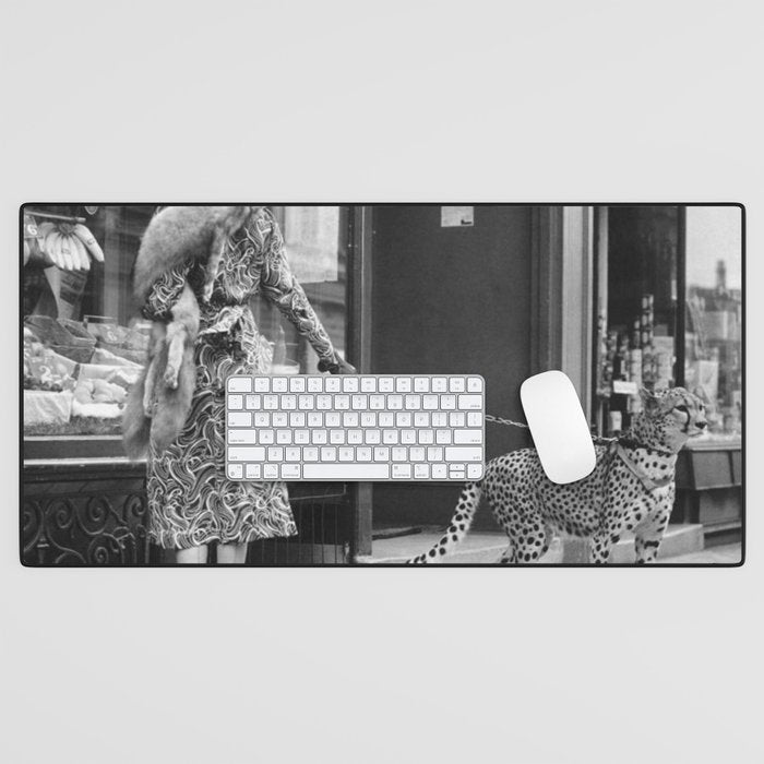 Woman with Cheetah, Phyllis Gordon, with her pet Kenyan cheetah, Paris, France black and white photo Desk Mat Gallery Image 1