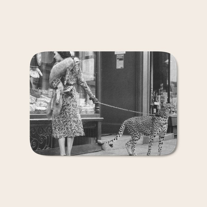 Woman with Cheetah, Phyllis Gordon, with her pet Kenyan cheetah, Paris, France black and white photo Bath Mat Gallery Image 1