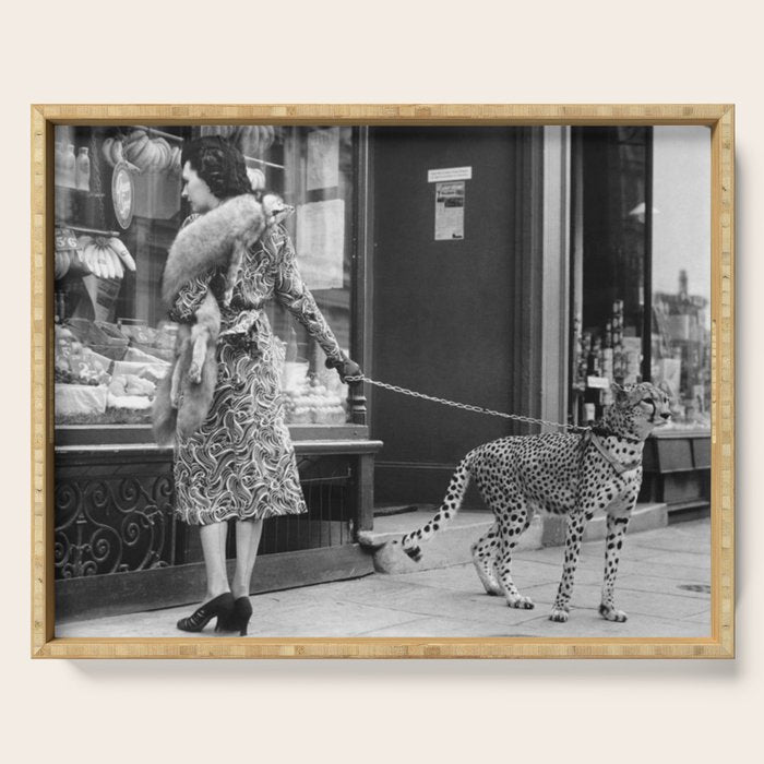 Woman with Cheetah, Phyllis Gordon, with her pet Kenyan cheetah, Paris, France black and white photo Serving Tray Gallery Image 1